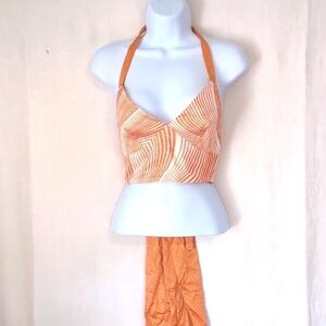 La Femme Apero Orange White Satin Tie Neck Back Top Size 4